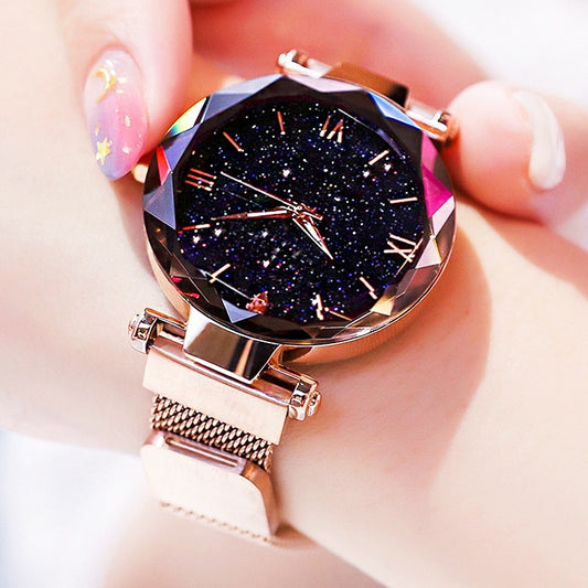 Relógio Feminino Diamante Quartzo Fivela de Ímã inoxidável